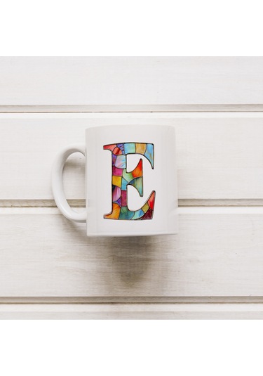 E Harfi Bardak 330 Ml İsme/harfe Özel Hediye, Renkli Harf Tasarım Beyaz