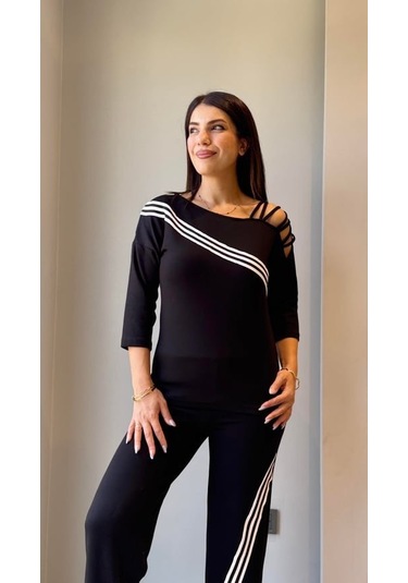 Tua Moda Kadın Uzun Kollu Truvakar Kol Tek Omuz Çapraz Şerit Detaylı Ribanalı Viskon Iki Iplik Bluz Ve Pantolon Ikili Takım Siyah