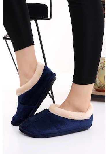 Wordex U040 Kadın Erkek Ev İçi Yünlü Kışlık Ev Pandufu Ev Ayakkabısı Lacivert