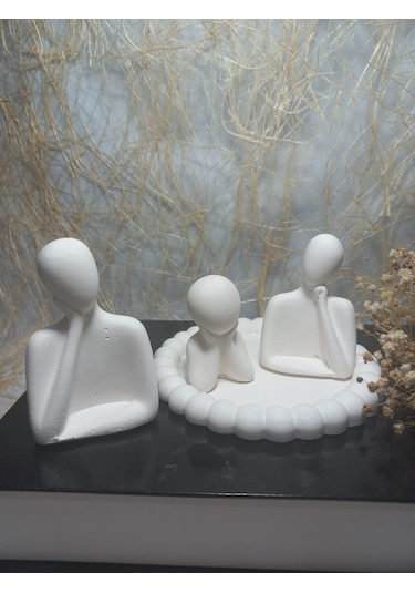 Bubble Yuvarlak Tabakta 3'lü Aile Set Dekoratif Biblo Beyaz