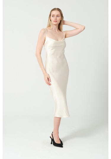 Degaje Döküm Saten Midi Elbise KREm Krem