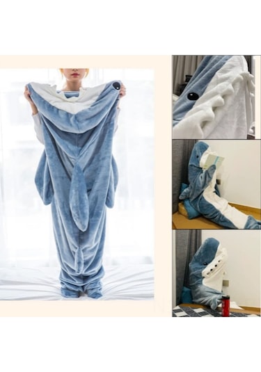 Wezone Mavi Büyük Beden Xl/190 90 Yumuşak Flanel Kapüşonlu Uyku Tulumu - Evde Giyilebilir Geniş Kumaş Shark Pijama Mavi