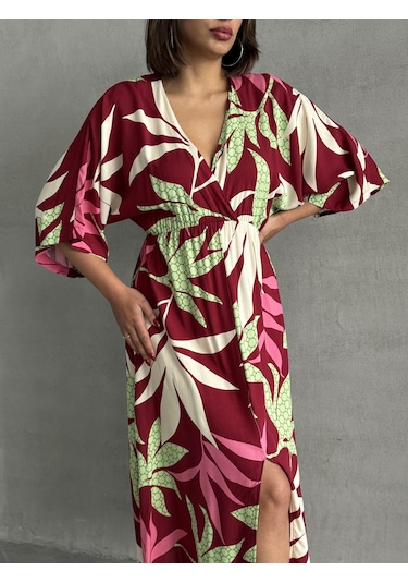 Kadın Kruvaze Yaka Yırtmaçlı Uzun Yazlık Elbise Bordo