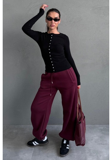 Bordo Geniş Paça Rahat Kalıp Lastikli Eşofman Altı Mg2581 Bordo