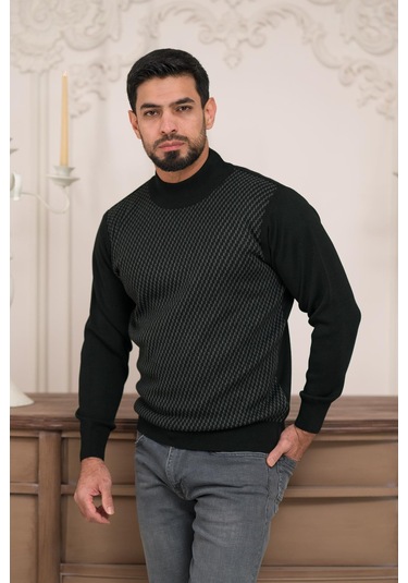 Woolen World Balıkçı Yaka Desenli Yünlü Erkek Triko Kazak Siyah