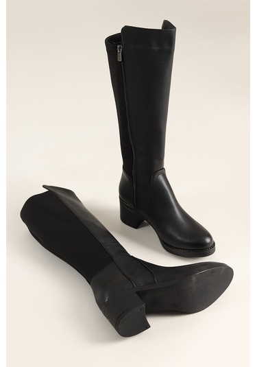 Beyaz Göktem Termo Katmaz Taban Kalın Topuklu Günlük Streç Kadın Çizme Siyah Siyah