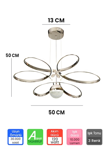 Ransom 3 Renk Toplu Kelebekli Kumandalı Papatya Led Avize Krom Ledli Krom - Gümüş