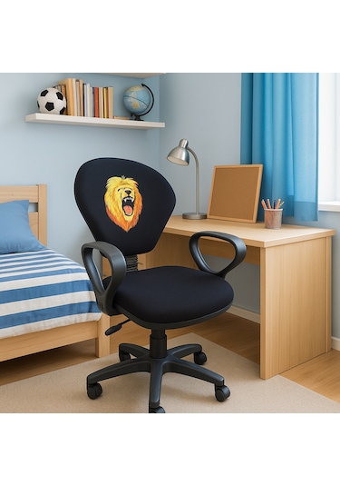 Gs Aslan Taraftar Temalı Sarı-kırmızı Çocuk Çalışma Koltuğu Ofis Koltuğu Tekerlekli Sandalye Siyah