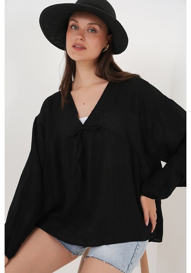 Kadın Önü Bağcıklı Uzun Kol Bluz 946 - Siyah Siyah