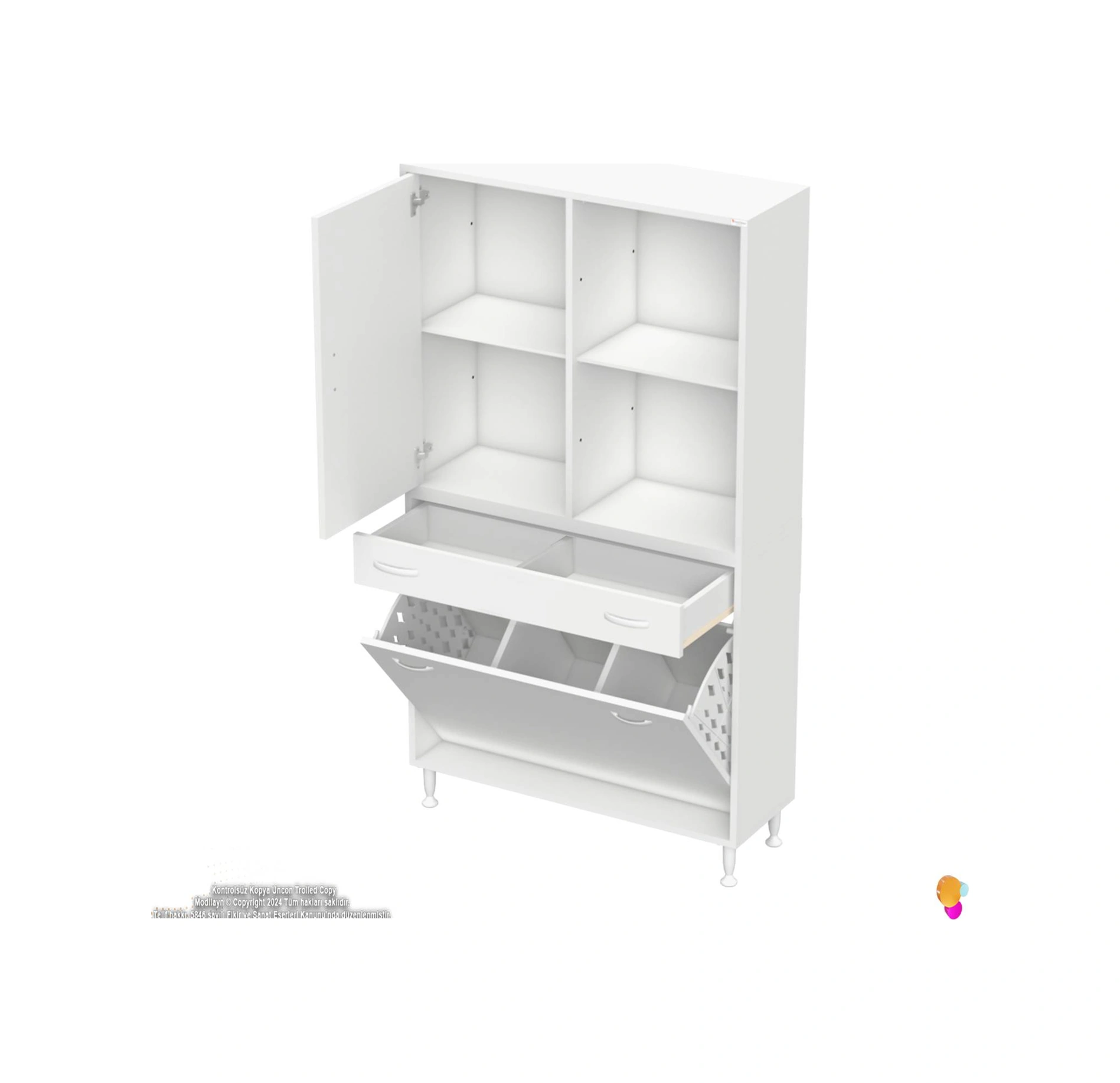 Kayra Tek Çekmece, 3 Göz Sepet, 1 Kapak, 4 Raf Dar Alan Banyo Dolabı 100x173x32,5 Cm Beyaz