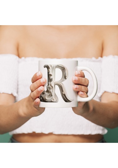 R Harfi Bardak, Monogram 330 Ml Barok Oymalı Görünüm Beyaz