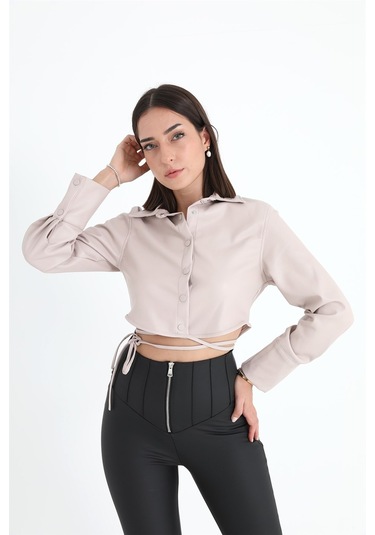 İçi Kadife Bağcıklı Kadın Kısa Deri Gömlek - Taş-taş Taş