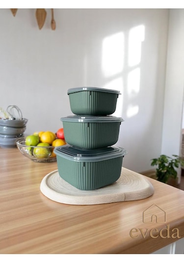 Eveda Snaplid Line Kare Üçlü Set Yeşil