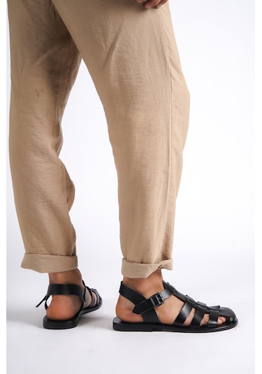 Sur Sandalet El Yapım Kösele Erkek Bodrum Sandalet Siyah