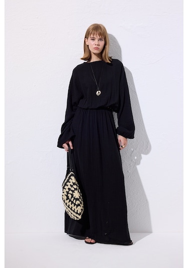 Müslin Beli Büzgülü Elbise Siyah Siyah