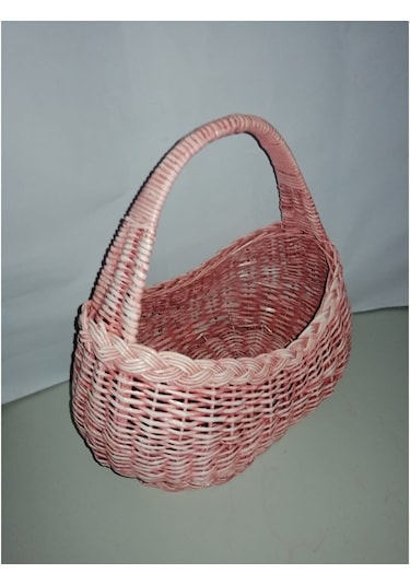 Hasır Eskitme Pembe Masa Üstü Meyvelik Mini Piknik Sepeti