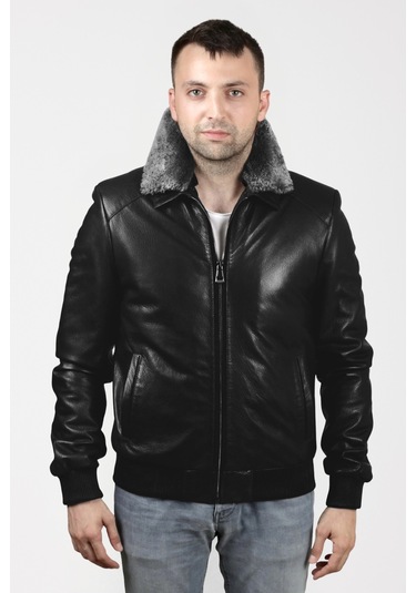 Derije Kelvin Hakiki Jumbo Deri Erkek Siyah Seyyar Kürk Yaka Mont Siyah