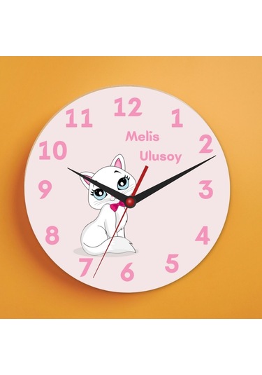 Çocuklara Özel Kedi Tasarımlı Duvar Cam Saati Beyaz