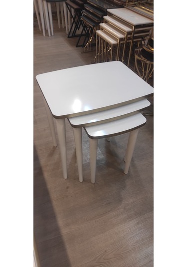 3 Lü Mdf Lam Zigon Sehpa Takımı , Ahşap Zigon Sehpa Beyaz - Altın