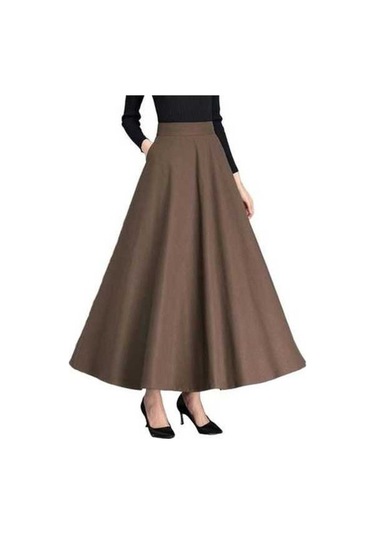Fastbuy Maxi Etek - Yüksek Bel - Elastik - A Kesim - Uzun - Cepli - Düz Renk - Ofis/kahve Kahve