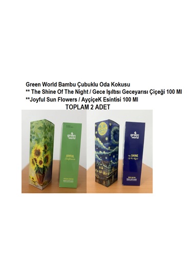 Green World Bambu Çubuklu Oda Kokusu The Shine Of The Night / Joyful Sun Flowers 2 Adet X 100 Ml Ada Esintisi