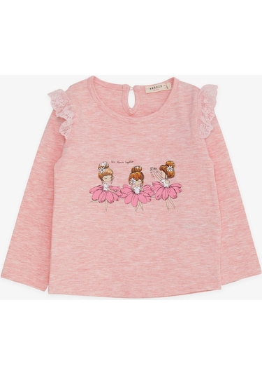 Breeze Kız Bebek Uzun Kollu Tişört Danscı Kız Baskılı Güpürlü 9 Ay-3 Yaş, Somon Melanj-somon Melanj Somon Melanj