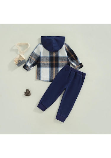Lacivert Yürüyor Erkek Bebek Giysileri Uzun Kollu Ekose Hoodie Kazak + Eşofman Küçük Çocuk Sonbahar Kış Kıyafetler Set Tops Lacivert
