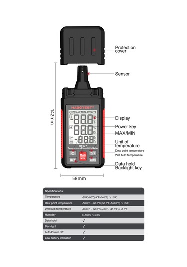 Springsun Habotest Ht607 El Tipi Dijital Termo-higrometre: Sıcaklık/nem/çiy Noktası Ölçer, Maks/min/veri Özellikli