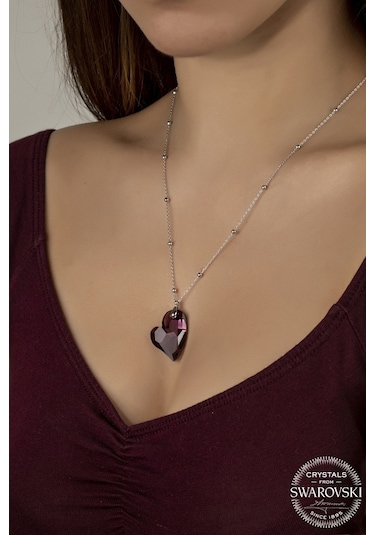 Union Swarovski Crystal Kadın Ametist Kalp Gümüş Kolye