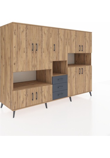 Kronos Dolap 13 Raflı 3 Çekmeceli 9 Kapaklı 220x59x163 Çam-çam/an Çam-çam/antrasit