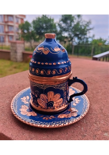 Lacivert Gül Çiçek Bakır Kahve Takımı