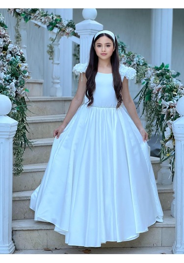 Prenses Çiçek Detaylı Tarlatanlı Beyaz Abiye Elbise Beyaz