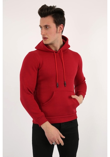 Modish Üç İplik Şardonlu Kapşonlu Düz Erkek Günlük Sweatshirt Bordo