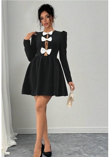 Tua Moda Kadın Dalgıç Kumaş Fiyonk Detaylı Uzun Kollu Mini Boy Elbise Siyah