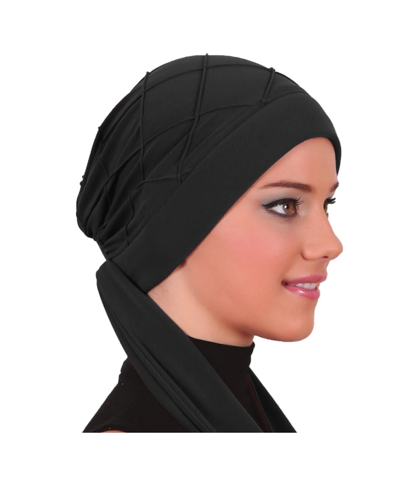 Nervürlü Bağlama Siyah Hazır Türban Tesettür Bone Siyah