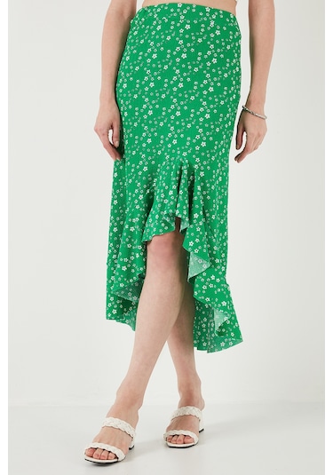 Lela Çiçek Desenli Regular Fit Volanlı Yüksek Bel Midi Boy Yırtmaçlı Bayan Etek 5869012 Yeşil