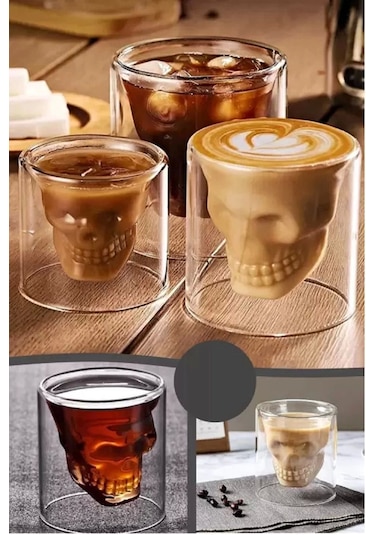 3'lü Kuru Kafa Tasarımlı Çift Cidarlı Cam Bardak Kahve Sunum Bar