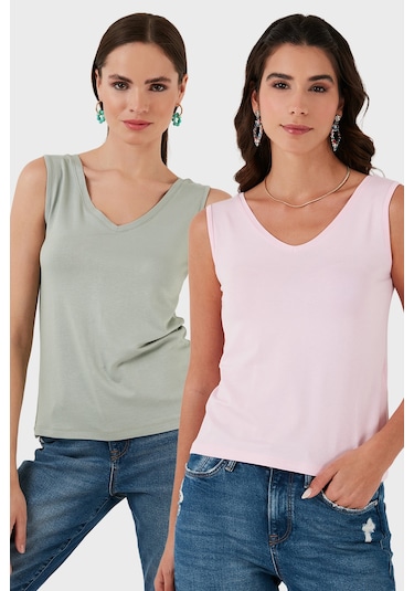 Lela Slim Fit V Yaka Kalın Askılı 2' Li Paket Bayan Bluz 5864384S2 Çağla-Toz Pembe