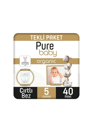 Pure Baby Organik Pamuklu Cırtlı Bez Tekli Paket 5 Numara  Junior 40 Adet