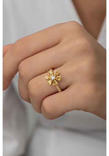 Ayarlanabilir Sarı Zirkon Taşlı Kamelya Çiçeği Yüzük Altın