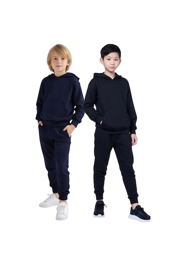 2'li Kanguru Cepli Kapüşonlu Düz Baskısız Erkek Çocuk Eşofman Takımı Lacivert - Siyah