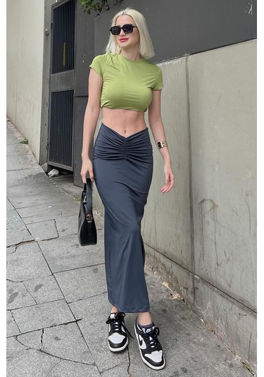 Madmext Füme Önden Büzgülü Midi Etek Mg2084 Füme