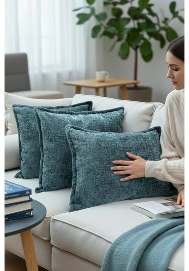 Kırlent İthal Kadife Kumaş 3'lü Set - Yumuşak Dokulu Dekoratif Özel Tasarım Kırlent Kılıfı Turkuaz