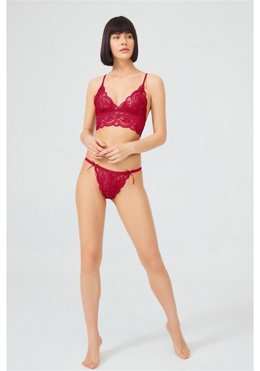 Cottonhill Bordo Dantelli Transparan Balensiz Kadın Sütyen Takımı Bordo