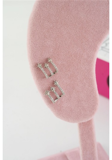 Byzeynaaksesuar Kadın Özel Tasarım Zirkon Taşlı 2'li Minimal Küpe 0210020 Çok Renkli