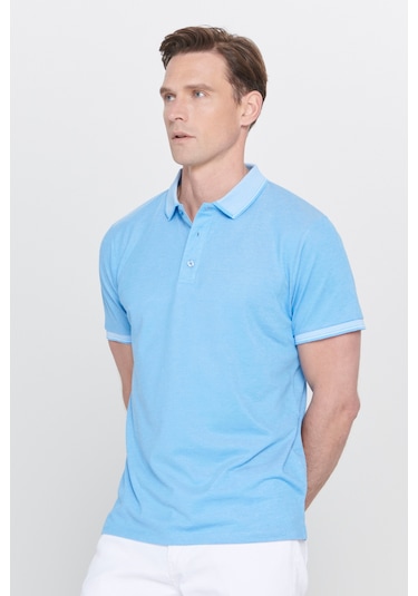 Ac&Co / Altınyıldız Classics 4A4820200047Sabm Düğmeli Polo Yaka Cepsiz Slim Fit Erkek Tişört Saks Mavisi - Beyaz Saks Mavi