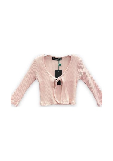 Kız Çocuk Pamuklu Kaşkorse Bağlamalı İnce Hırka-11739 Pudra