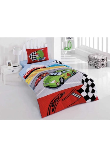 Kapitoneli Tek Kişilik 4 Mevsim Pike Pamuk Yarış Arabalı Model Speedway Nevresim Kırmızı