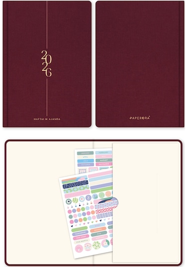 2026 A5 Keten Haftalık Ajanda 12 Aylık Bordo Bordo