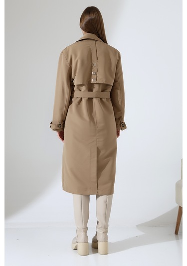 Amazon Keten Kumaş Diz Altı Yumuşak Dokulu Düğmeli Astarlı Trenç Kot Vizon Vizon